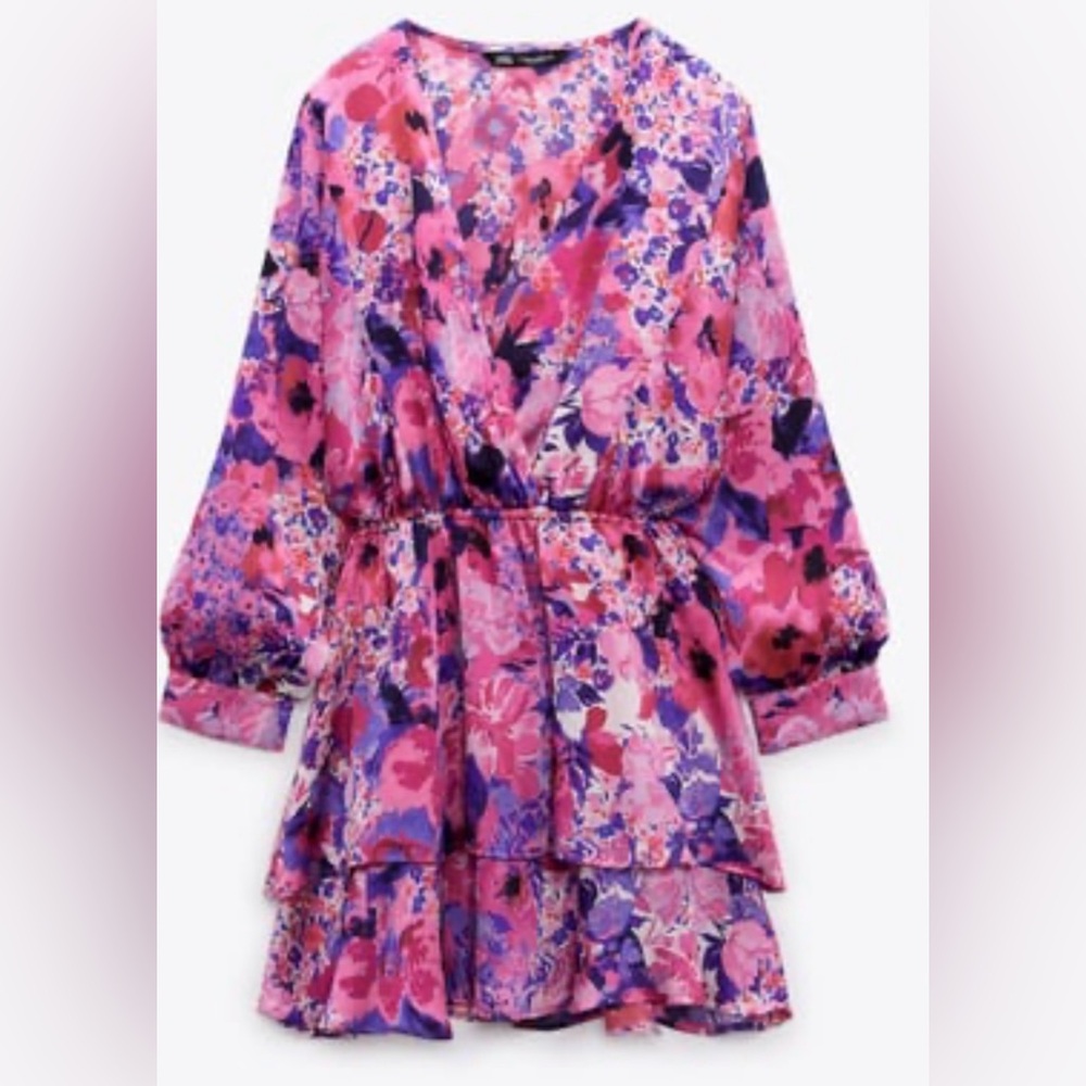 ZARA RUFFLED TIE AT THE WAIST Floral Pink and Purple Dress